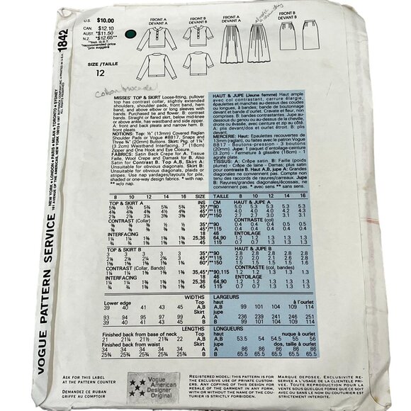 Vogue Sewing Patterns 1842 Albert Nipon American Designer Top & Skirt 12 - Picture 2 of 2